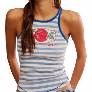 Free People we the free Striped Blue & White Apple Graphic Tank Top